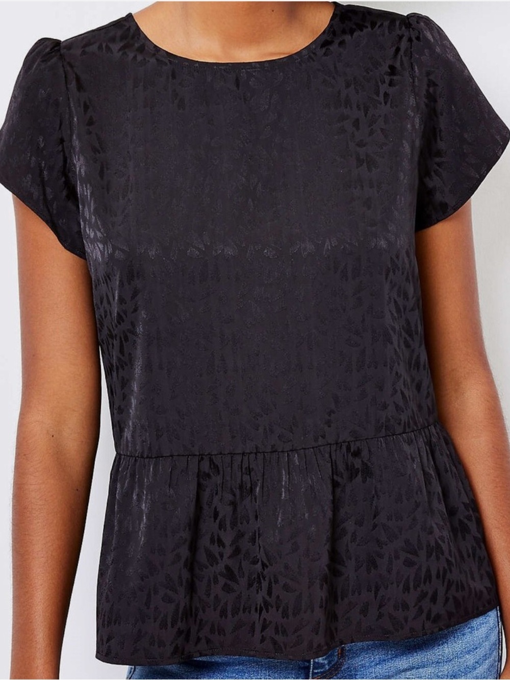 LOFT Black Heart Tulip Short Sleeve Ruffle Peplum Blouse Top Womens Medium